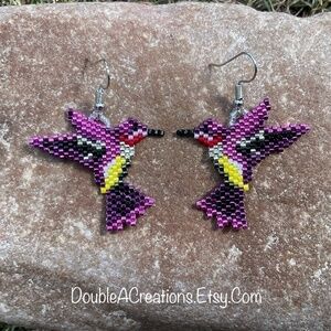 Pink Hummingbird Beaded Earrings, New, Handmade by Me